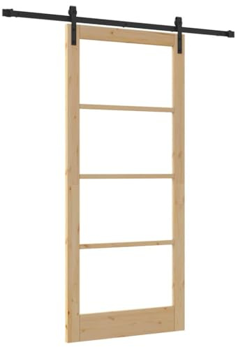 Puerta corredera de madera y cristal, 93 x 211 cm, madera maciza de pino | Para salón, dormitorio, cocina, mecanismo deslizante, montaje con destornillador