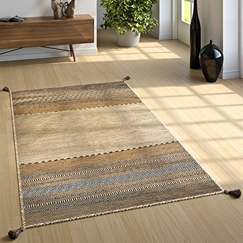 Paco Home Wohnzimmer Natur Teppich m. Fransen, Handgewebter Muster Kelim, 100% Baumwolle, Grösse:120x170 cm, Farbe:Beige
