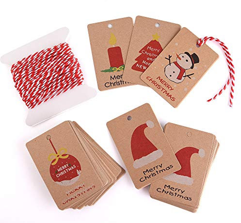 Kuuqa 50 Pezzi Kraft Carta Di Natale Etichette Regalo per Natale Regalo Imballaggio Etichetta con Corda Appesa, 5 Disegno Diverso