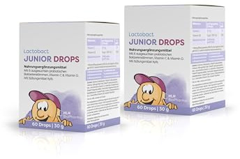Lactobact JUNIOR DROPS, 2 x 60 Stk. Sparset – Bakterienkultur-Komplex mit 7 altersgerecht abgestimmten, biologisch aktiven Bakterienstämmen + Vitamin C & D3 und Xylit. Ab 3 Jahren