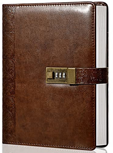 CAGIE Locking Journal for Adults Journal with Lock Large Binder Notebook 6 Rings Refillable,Combination Passwords,Classic Embossed Leather, Brown