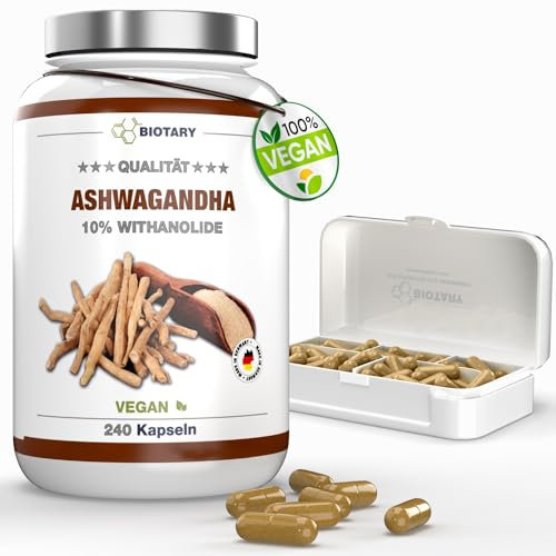 Ashwagandha Extrait 240 gélules, 10% withanolides, y compris pilulier, 1500mg portion journalière, 4 mois d'approvisionnement, végétalien, purement végétal sans additifs, ginseng indien