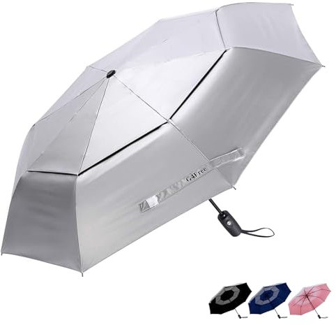 G4Free - Paraguas de viaje de 106,68 - 116,84 cm, con revestimiento plateado de protección contra los rayos UV y protección contra el viento (plateado/rosa)