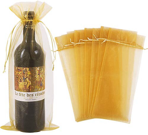 30 Stück Organza Weintüten, Organzasäckchen Flaschen Geschenkbeutel mit Kordelzug für Weihnachten Hochzeit Party(Gold)