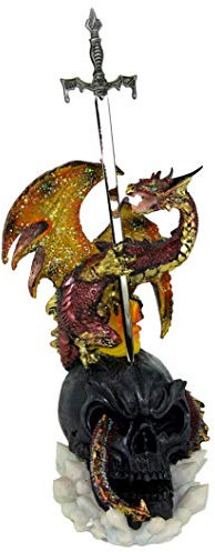 GeKi Trend Drachen Figur mit Schwert auf Totenkopf Fantasy Gothic Dekofigur Drache 30 cm Brieföffner groß