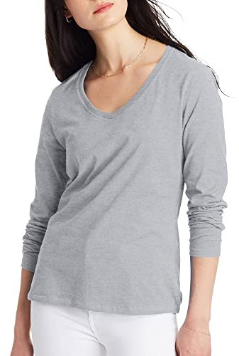 Hanes Women's Originals Long Sleeve Cotton T-Shirt, Lightweight V-Neck Tee, Modern Fit, Light Steel, XX-Large