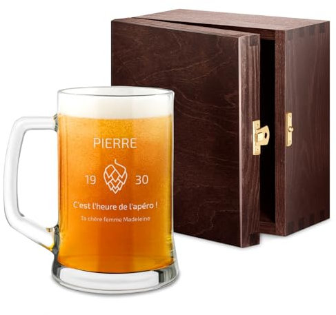 Maverton Chope à Bière Gravée de 50 cl – Verre à Bière Personnalisé avec Anse - Idee Cadeau Homme Original - Cadeau Personnalisé – pour Anniversaire Hommes Ami Copain - l’apéro