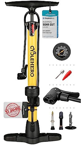 Fahrradpumpe alle Ventile * Test SEHR GUT - 10 Jahre GARANTIE * Leistungsstarke Luftpumpe Fahrrad– Fahrradpumpe Französisches Ventil - Standpumpe mit Manometer - Pumpe Standluftpumpe