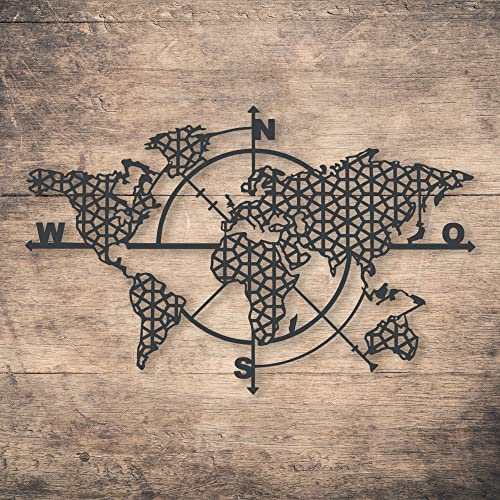 Watt'n Steel - World Map Wind Rose - Weltkarte - Wand Dekoration - Anthrazit - Metall - Stahl - Moderne Wand Dekoration für Innen- und Außen, Balkon, Terrasse - Metallbilder