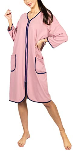 Aquarti Peignoir de Bain Femme avec Fermeture éclair et Manches 3/4 Léger, Rose poudré, L