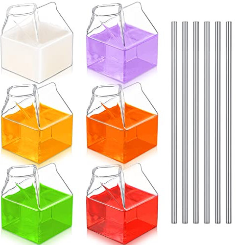 6 Pieces Clear Milk Carton Reusable Glass Container with 6 Stainless Steel Straws 12 oz Glass Milk Bottle Mini Creamer Pitcher Milk Carton Cup Hand Blown Box for Cocktail Juice Coffee Hot Water Coffee