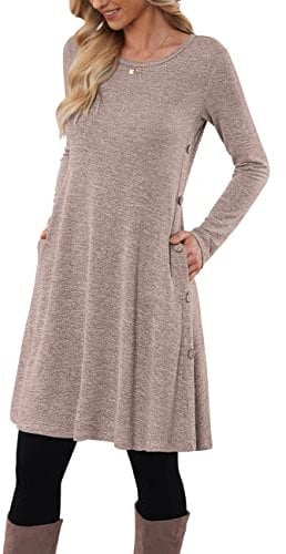 MOLERANI Jumper Dress for Women Long Sleeve Dress Ladies Button Casual Tunic Dress with Pockets Coffee Size 20-22 XL