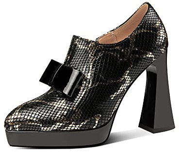 TinaCus Women's Pointed Toe Genuine Leather Handmade Platform High Chunky Heels Side Zip Up Pumps Shoes with Bowtie, Gold, 4.5 UK