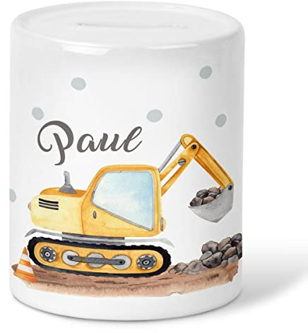 MIKALINO Premium Keramik Jungs-Spardose personalisierbar - Keramik Spardose weiß mit Bagger Motiv - Kinder Spardose - Sparschwein Kinder - Spardose mit Name - Geschenk