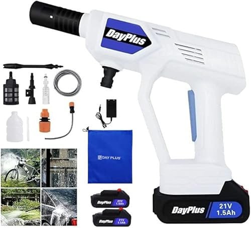 21V Nettoyeur Haute Pression sans Fil Portatif (Livré avec 2X Batterie et Chargeur, 5m de Tuyau, Filtre, réservoir de Mousse)