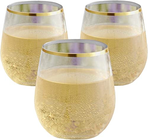 Set di 48 bicchieri da vino in plastica trasparente infrangibile senza stelo (283,5 g, bordo oro)