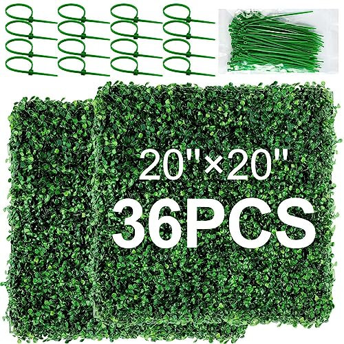 Gras-Wandpaneele Buchsbaumhecke Wandpaneele Kunstrasen Wandhintergrund Grünwand mit 100 Kabelbindern, UV-geschützter Sichtschutz für Innen- und Außenbereich, Wanddekoration (36 Stück, 50,8 x 50,8 cm)