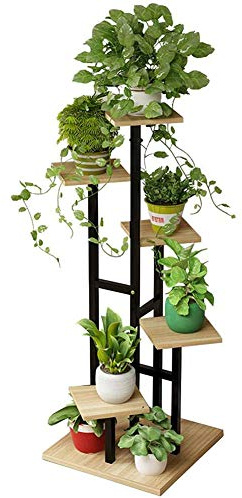 CLSMD 6-stöckiges Holz-Blumenregal, Pflanzgefäß, Metallleiter, Pflanzenständer, Display im Innen- und Außenbereich, Wohnzimmer, Garten, Büro, dekorativ, schwarzer Rahmen
