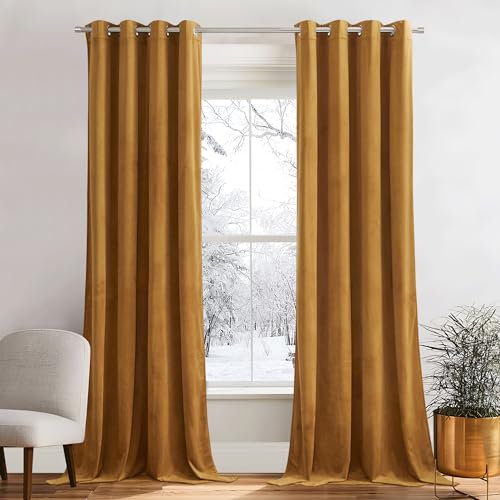 PONY DANCE Samtvorhang Gold Samt Gardinen Wohnzimmer Herbst Thermogardine Kälteschutz Schwere Samt Vorhänge mit Ösen 300g/m² 2er Set Velvet Curtains Living Room, Goldbraun, H 220 x B 132 cm