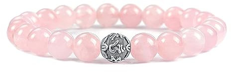 MetJakt 18-18.5cm Natur 8mm Edelstein-Heilungs-Kristall-Stretch-Perlenarmband mit 925 Sterling Silber Sanskrit Mantra Charme (Rosenquarz)