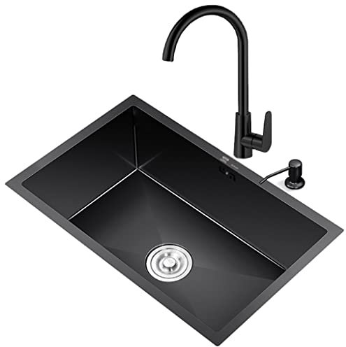 Generisch Rechteckige Küchenbar-Spüle, Schwarze Einzelbecken-Edelstahlspüle mit Winkelhahn und Ablaufgarnitur, Aufsatz- oder Unterbaumontage (Farbe: Schwarz, Größe: 55 x 45 x 21 cm)