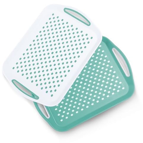 Essen 2-Pack Serving Tray Set – Non-Slip Lap Boards with Grip Handles, Ideal for Food Prep, Tea, Breakfast in Bed – Plastic Tray for Stable Dining – Dishwasher Safe (Green & White)