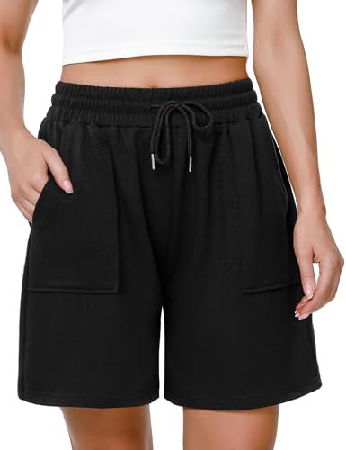 Uniexcosm Kurze Sportshorts Damen Sporthose High Waist Shorts Damen Sommer Shorty mit Taschen und Kordelzug Freizeitshorts für Running Gym Fitness Schwarz L