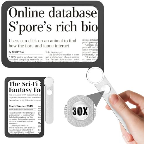 MoKo 30x 5x Grande Loupe de Lecture, Verre Grossissant de Lecture Léger, Loupe de Page de Livre Complète, Loupe de Poche avec Poignée Pliable pour Personnes Âgées, Seniors, Basse Vision, Noir + Argent