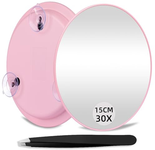 JJhxr 30-facher Make-up-Vergrößerungsspiegel, großer 30-facher Make-up-Vergrößerungsspiegel, runder Vergrößerungsspiegel, 15 cm Reise-Vergrößerungsspiegel mit Saugnäpfen und Pinzette