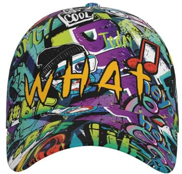 Gwokloeng Baseballkappe, Graffiti-Text, Hip-Hop-Stil, bunt, für Herren und Damen, Unisex, grafische Kappe, trendige Hüte, Schwarz, M/Einheitsgröße