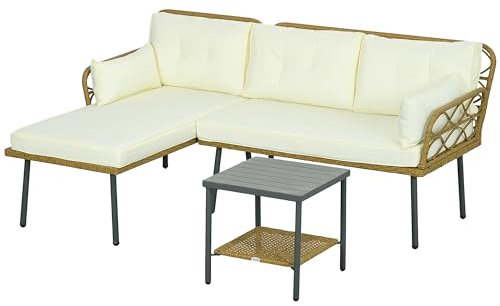 Outsunny Salotto in Rattan per Esterno da 3 Pezzi, Salottino da Giardino con Chaise Longue, Divano 2 Posti, Cuscini e Tavolino da Caffè, Crema