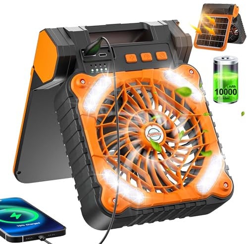 Clemas Ventilatore da campeggio ad energia solare con luci, alimentato a batteria, lanterna a LED, 10000 mAh, 10400 mAh, ricaricabile, per tende ventilatore per casa e attività all'aperto - Rimani