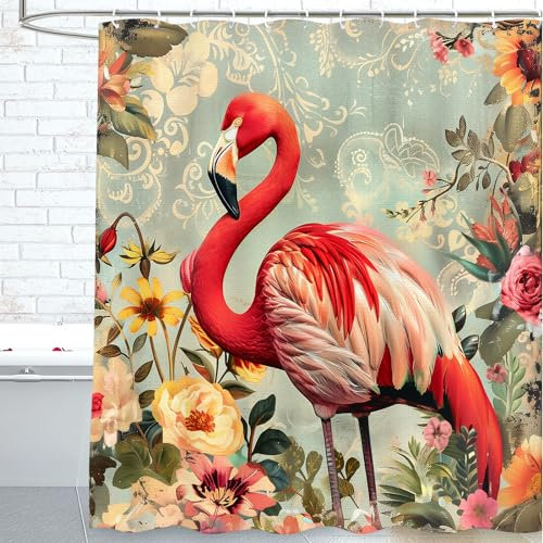 cromcu Rideau de douche flamant rose pour salle de bain avec crochets - Décoration de salle de bain flamant rose - Cadeau en polyester imperméable et lavable - 183 x 183 cm