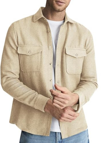 Runcati Herren Casual Hemdjacke Button Down Shirt Jacke Leichte Freizeitjacke Western Cowboy Jacken Beige Groß