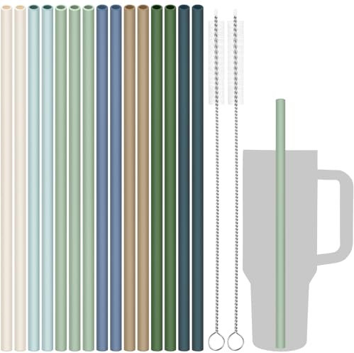 Tomorotec 15 Stück wiederverwendbare Silikonstrohhalme, 31 cm lang, mit 2 Reinigungsbürsten, passend für Stanley Cup 40oz, 30oz, 20oz, BPA-frei, spülmaschinenfest, zahnschonend.(Nature Colors)