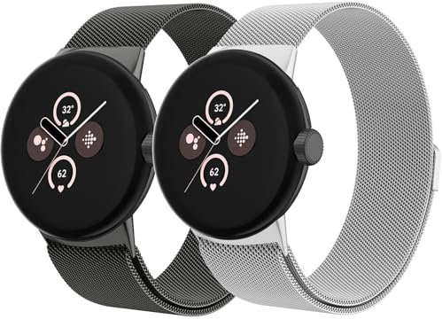 Oumida 2 Stück Google Pixel Watch Armband für Herren Damen - Edelstahl Magnetisches Metall Ersatzbänder für Pixel Watch 2/1 (Schwarz+Silber)