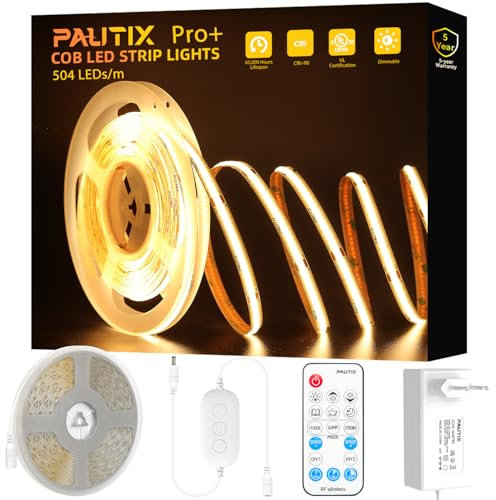 PAUTIX COB LED Streifen Warmweiss 2700K,504LEDs/M Dimmbar 7.5m 24V Flexibel LED Strip lights Set mit RF Fernbedienung und Netzteil,CRI90+ Hell Unterbauleuchte für Home DIY Dekoration,Timerfunktion