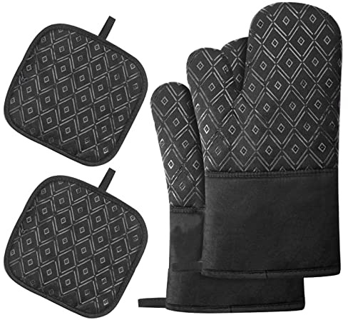 TICKLELY Ofenhandschuhe Topflappen Set - 4er Set 300°C Hitzebeständige Anti-Rutsch Topfhandschuhe Kochhandschuhe, Backhandschuhe, Küchen-Kochhandschuhe zum Kochen, Backen, Grillen, Männer und Frauen