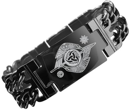 bahamut Mens Viking Odin Gungnir Mjolnir Stainless Steel Cool Cuban Chain Link Bracelet for Men,Norse Cuff Wristband Jewelry (Black Raven)
