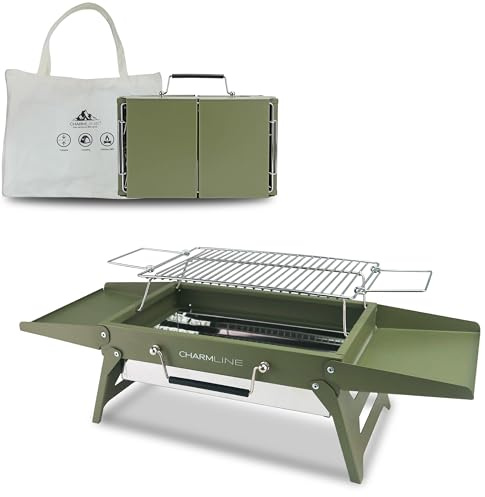 Charmline 35,6 x 22,9 cm kleiner tragbarer Holzkohlegrill, faltbarer kompakter Campinggrill für 1-3 Personen, ideal für Camping, Heckklappe, Strand, Picknick & Tischgebrauch, Grün