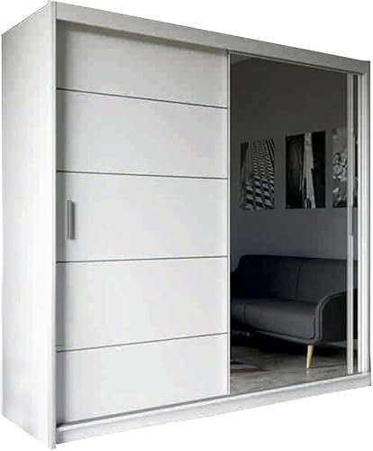 FURNITUREWAVE Vista Double Sliding Door Mirror cupboard, 2 Door cabinet with Hanging Rails & Adjustable Shelves, Space Saving Wardrobe for Bedroom (White, 203cm)