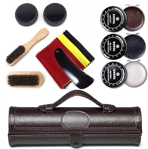 Kit de cirage pour chaussures - Pour cuir marron et noir - Avec brosse - Étui de voyage de luxe de qualité supérieure - Poils de cheval doux - Applicateur en bois - Chausse-pied et chiffon - Pochette