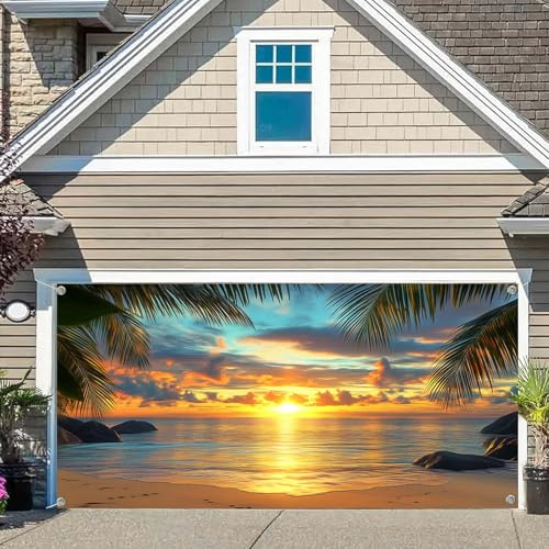 Jipusai 16x7FT Sonnenuntergang Strand Garagentor Dekoration Hawaii Tropisches Meer Meer Sonnenuntergang Landschaft Garagentor Hintergrund Sommer Ozean Palmen Indoor Outdoor Party Banner Gelb Polyester