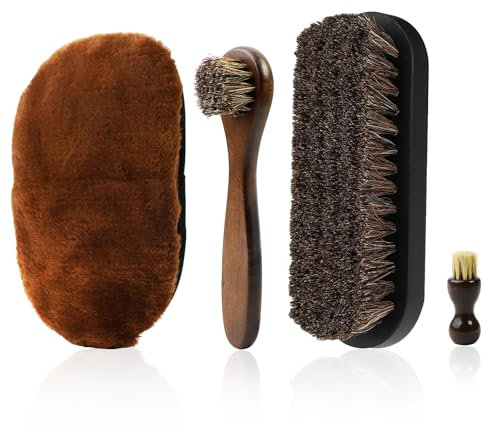 Lot de 4 brosses en crin de cheval pour cuir lisse - Kit de cirage de chaussures de qualité supérieure - Marron nubuck - Pratique - Pour bottes, chaussures, sièges de voiture