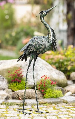 Dekoleidenschaft Dekofigur Reiher aus Metall, 90 cm hoch, schwarz grün Gold, Fischreiher, Vogelschreck, Gartendeko für Draußen