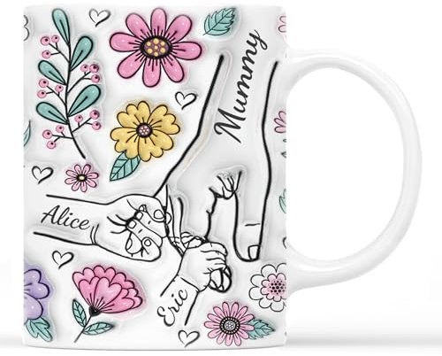 Personal Chic Personalised Mummy and Kids Holding Hands Flowers Mug - Personalised Mothers Day Gifts, Mum Gifts, Grandma Gift, Mummy Tea Cup, Grandma Cup, Mum Mug (Model #1)