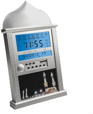 Emiif Muslimische Gebets-Azan-Uhr für Zuhause, Wanduhr, Wecker, Kalender, Heimdekoration, Ramadan-Temperaturanzeige (Silber)