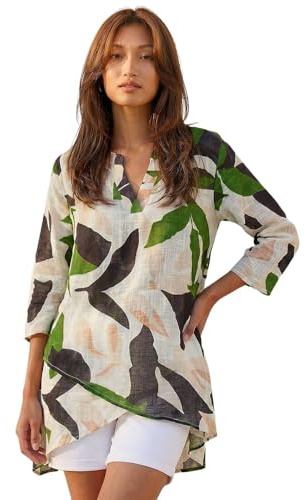 Roman Originals Floral Print Tunic Top for Women UK Ladies Casual Shirt Smart Blouse Asymmetric Wrap Hem Summer Holiday Party Cruise 3/4 Sleeve Longline Oversized - Leaf Green - Size 12