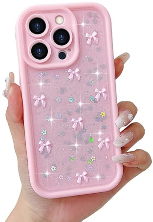 Micoden Cute Bow Case for iPhone 14 Pro,3D Bowknot with Glitter Star Pattern Sparkly Bling Back Cover,Slim Soft TPU Shockproof Protective Aesthetic Design Phone Case for Girls Women-Pink