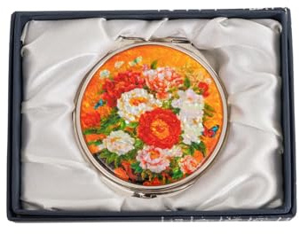 February Mountain Elegant Butterfly and Floral Mother of Pearl Compact Mirror, Dual Magnification (1X & 2.5X) – Lightweight Travel Makeup Mirror in Gift Box (Golden Peony)